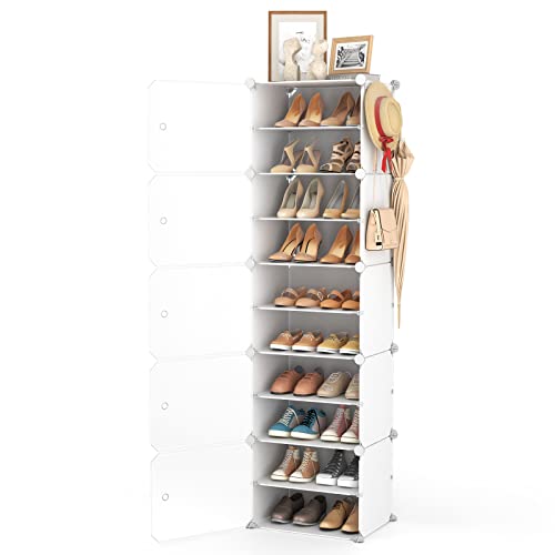 10 Tier Shoe Storage Cabinet with Door, Portable Narrow Organizer Rack for 20 Pairs, White Plastic with Hooks for Entryway or Bedroom