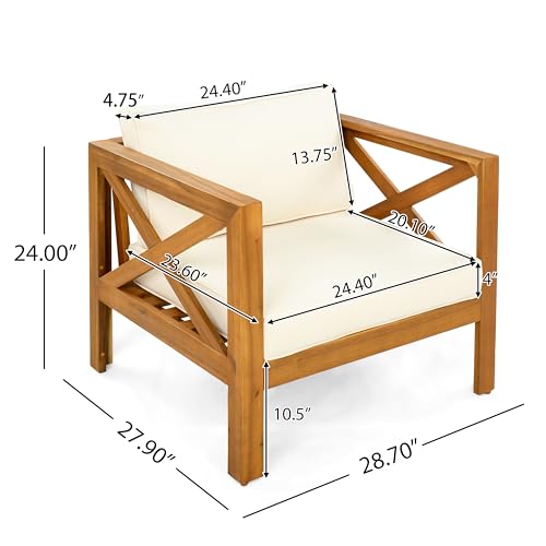 Outdoor 4-Piece Acacia Wood Conversation Set - Patio 3-Seat Loveseat Sofa Daybed with Cushion, 2 Armchair and Round Coffee Table for Backyard, Lawn, Balcony, Teak + Beige