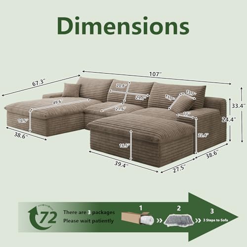 107" Cloud Couch Modular Sectional Sofa for Living Room,U-Shape Boneless Sectional Couch with Deep Seat,Modern Corduroy 3-Seater with Ottoman,Couch in a Box No Assembly(Camel,Left-Facing Chaise)
