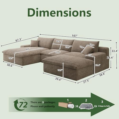 107" Cloud Couch Modular Sectional Sofa for Living Room,U-Shape Boneless Sectional Couch with Deep Seat,Modern Corduroy 3-Seater with Ottoman,Couch in a Box No Assembly(Camel,Left-Facing Chaise)