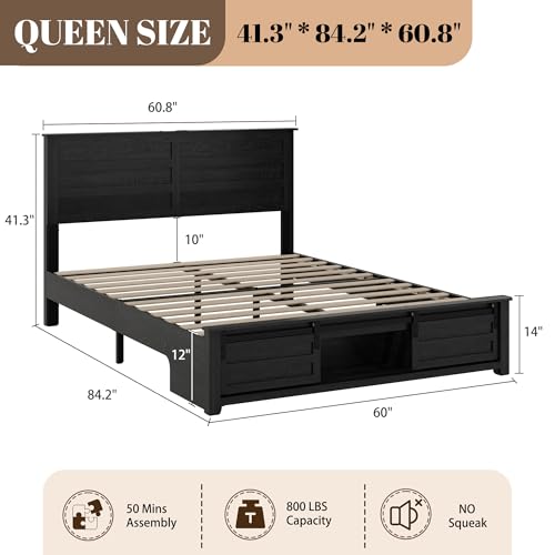 Wooden Queen Bed Frame with Headboard, Farmhouse Storage, Barn Door, view 3