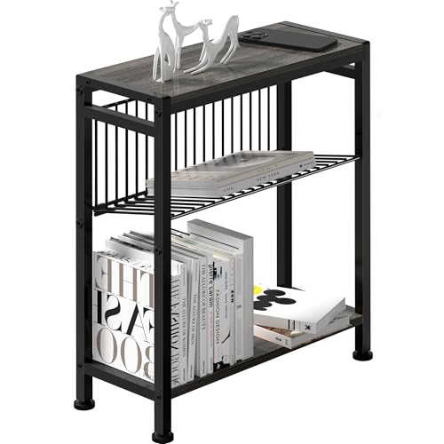 Side Table for Small Spaces, Narrow End Table with Magazine Holder, 2 in 1 Design Slim Side Table, Skinny Nightstand for Living Room Bedroom, Thin Side Magazine Table, Grey