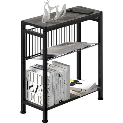 Side Table for Small Spaces, Narrow End Table with Magazine Holder, 2 in 1 Design Slim Side Table, Skinny Nightstand for Living Room Bedroom, Thin Side Magazine Table, Grey