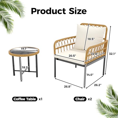 Wicker 3 Pieces Patio Bistro Sets Outdoor Conversation Sets with Glass Top Side Table and 2 Modern Rattan Chairs, Patio Furniture Set for Apartment, Backyard, Porch, Balcony, Lawn (Beige)