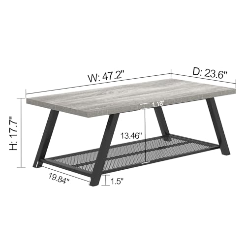 Industrial Coffee Tables for Living Room with Storage, Rustic Wood and Metal Coffee Table, Modern Rectangle Center Cocktail Tea Table, Light Grey, 47 Inch
