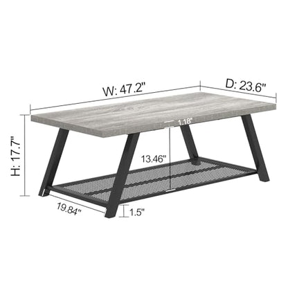 Industrial Coffee Tables for Living Room with Storage, Rustic Wood and Metal Coffee Table, Modern Rectangle Center Cocktail Tea Table, Light Grey, 47 Inch