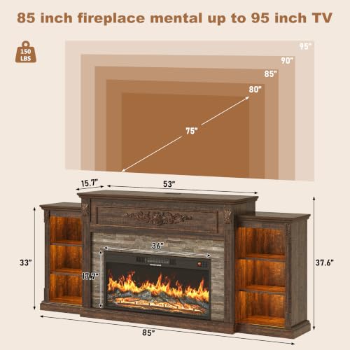 Farmhouse Fireplace with Mantel, 85" W 37.6" H TV Stand for 95" TV, Brown, view 4