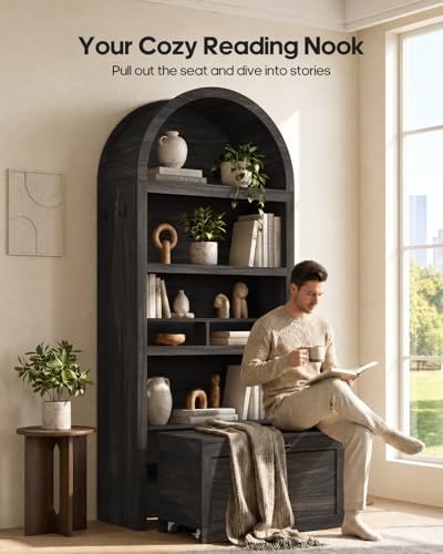 76.6" Arched Bookshelf with Rolling Storage Bench, view 4