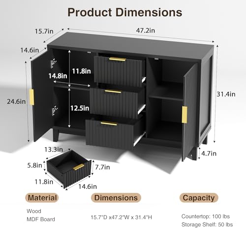 47.2" W Storage Cabinet with 3 Drawers, Fluted Buffet Cabinet with Storage, view 3