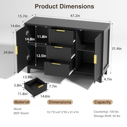 47.2" W Storage Cabinet with 3 Drawers, Fluted Buffet Cabinet with Storage, view 3