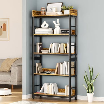Bookshelf, 66" H 5-Tiers Heavy Duty Industrial Shelving Wood & Metal Bookcase, Rustic and Black Tall Shelf Units for Home, Office, Living Room