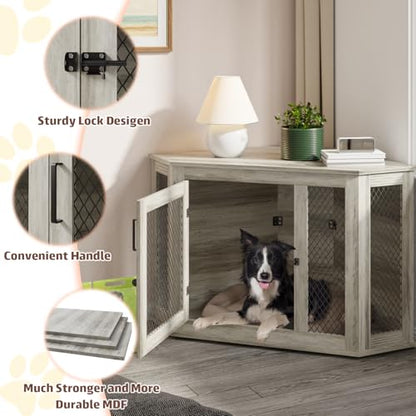 52 inch Corner Dog Crate Furniture, Wooden Dog Kennel Furniture with Mesh, view 6