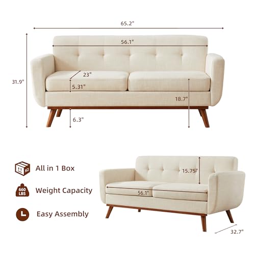 65.2" W Loveseat Sofa, Mid Century Modern Decor Love Seat Couches for Living Room, Button Tufted Upholstered Furniture, Easy to Install Small Couch for Bedroom Office Apartment, Cream White