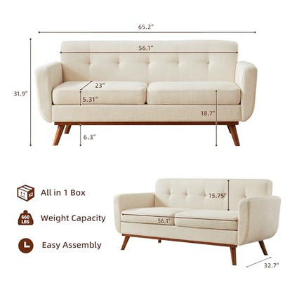 65.2" W Loveseat Sofa, Mid Century Modern Decor Love Seat Couches for Living Room, Button Tufted Upholstered Furniture, Easy to Install Small Couch for Bedroom Office Apartment, Cream White