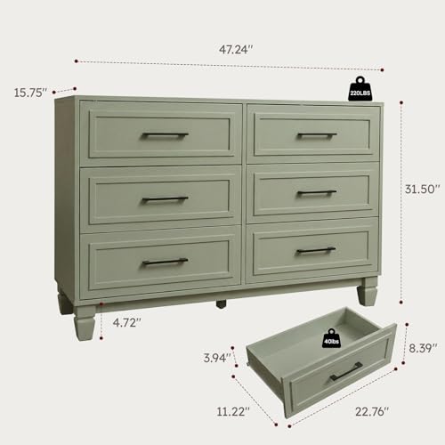 6 Drawer Dresser for Bedroom, Farmhouse Wood Wide Chest Kid Dresser, Green, view 3