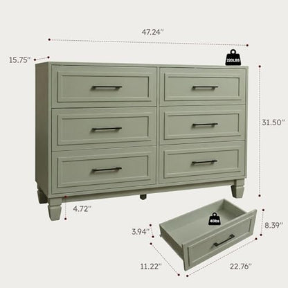6 Drawer Dresser for Bedroom, Farmhouse Wood Wide Chest Kid Dresser, Green, view 3
