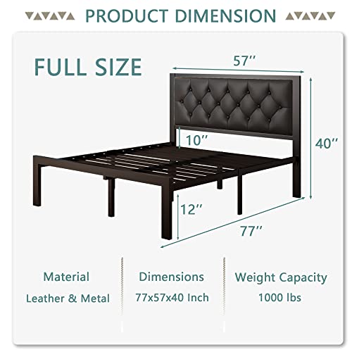 Full Size Metal Bed Frame with Faux Leather Button Tufted Headboard, view 3