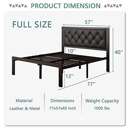 Full Size Metal Bed Frame with Faux Leather Button Tufted Headboard, view 3