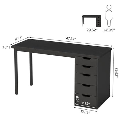 Tribesigns Computer Desk with 5 Drawers, 47 inches Rustic Brown Home Office Desk with Storage, Modern Simple Laptop Desk Study Writing Table for Small Spaces (1, Black)