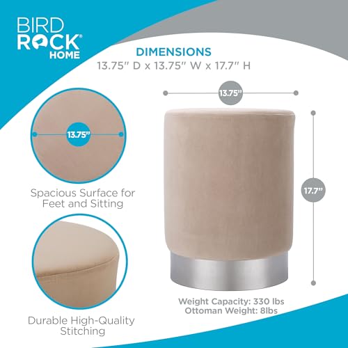 Round Ottoman Foot Stool – Modern Soft Padded Velvet Vanity Chair with Silver Metal Trim – Accent Chair or Foot Rest for Living Room, Bedroom, or Dressing Room (Taupe)