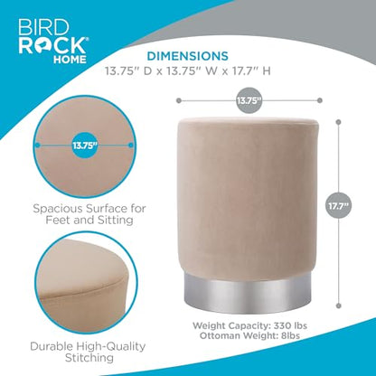 Round Ottoman Foot Stool – Modern Soft Padded Velvet Vanity Chair with Silver Metal Trim – Accent Chair or Foot Rest for Living Room, Bedroom, or Dressing Room (Taupe)