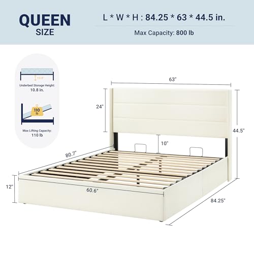 Queen Size Chenille Lift Up Hydraulic Storage Bed Frame Cream White, view 3