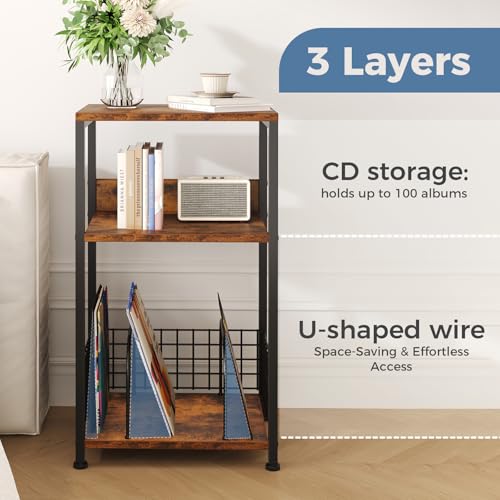 Record Player Stand, Brown, 3-Tier Vinyl Storage, view 6