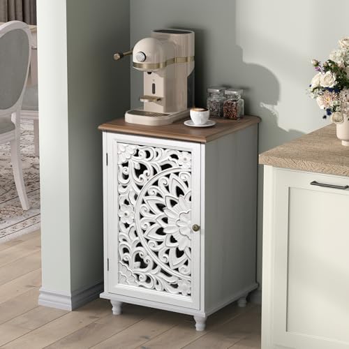 Boho Small Buffet Cabinet with Hand-Carved Mandala Door, 17" Coffee Bar Station with Adjustable Shelf, Distressed White Accent Storage Cabinet for Small Spaces, Kitchen, Dining Room