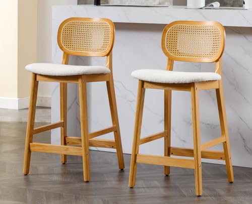 Rattan Counter Height Bar Stools Set of 3 Modern Farmhouse Barstools with Cane Backs 26 Inch Wood Counter Stool Breakfast Upholstered Bar Chairs for Kitchen Island, Boucle Beige