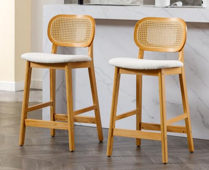 Rattan Counter Height Bar Stools Set of 3 Modern Farmhouse Barstools with Cane Backs 26 Inch Wood Counter Stool Breakfast Upholstered Bar Chairs for Kitchen Island, Boucle Beige