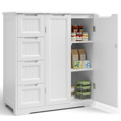 Storage Cabinet, White Bathroom Storage Cabinet with 4 Drawers & Double Doors, Adjustable Shelf, Modern Floor Cabinet for Bathroom, Kitchen, Living Room, Entryway, White