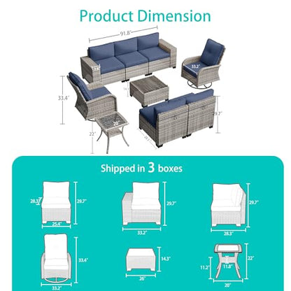Outdoor Patio Furniture Set PE Wicker Rattan Outdoor Sectional Sofa | Patio Conversation Set with Rocking Swivel Chair, Chunky Arms Coffee Table & Thickened Cushions for Proch 9PCS, Navy Blue