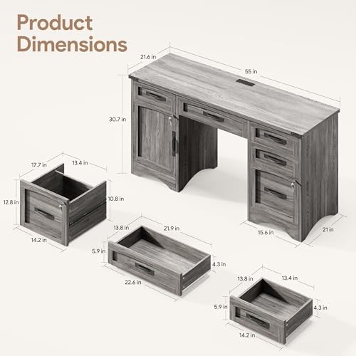 Farmhouse Computer Desk with 5 Drawers and Power Outlets, view 3