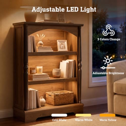 3-Tier Arched Bookcase with LED Lights,Farmhouse Bookshelf, view 7