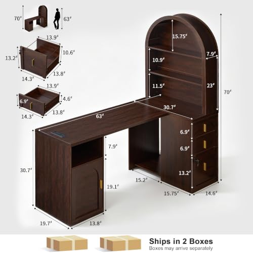 63 inch L-Shaped Desk with Arched Hutch Bookshelf, Dark Walnut, view 4