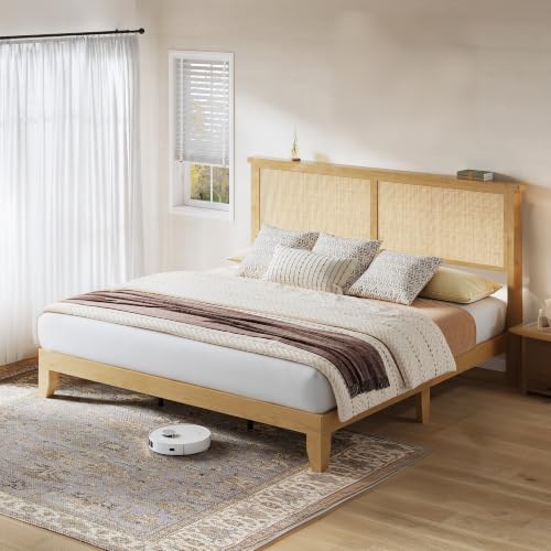 Wooden Rattan King Bed Frame with Headboard & LED Lights & Metal Slats, view 2