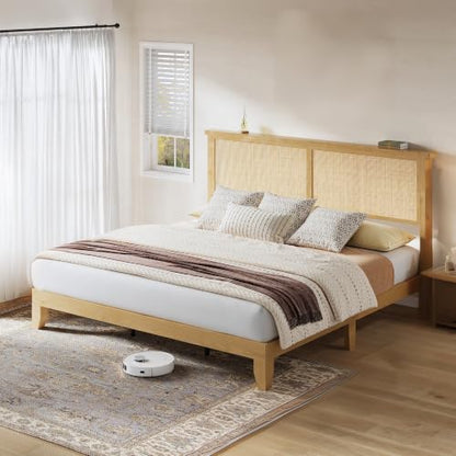 Wooden Rattan King Bed Frame with Headboard & LED Lights & Metal Slats, view 2