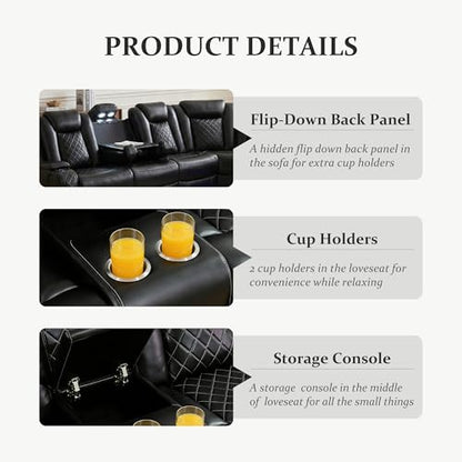 Power Reclining Sectional Sofa, Black Leather Recliner Corner Couch, Air Leather Sectional Living Room Funiture Set LED Lights/USB Port/Cup Holder for Living Room/Apartment/Office