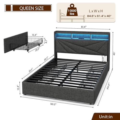 Queen Bed Frame with 4 Storage Drawers,and Led Headboard, view 3