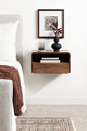Kato Modern Wood Floating Side Table with Drawer, 18 x 10 x 9, Walnut Brown, Contemporary Wooden Floating Nightstand for Bedroom Bedside Table