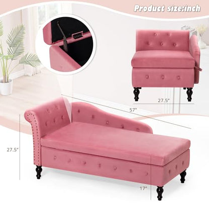 Velvet Chaise Lounge w/Left Armrest & Storage Space, Pink, view 4