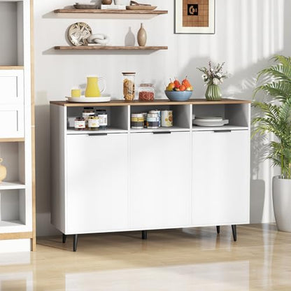 Sideboard Cabinet - 47” Buffet Cabinet with Storage Compartments, Countertop, 3 Doors Kitchen Cabinets, Modern Furniture for Living Room, Entryway, Coffee Bar (White & Natural)