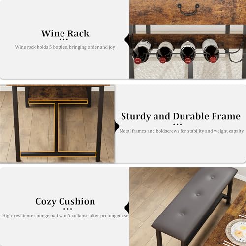 Dining Table Set for 4 with Storage Drawers & Wine Rack, Kitchen Table and Upholstered Benches for Small Spaces, Retro Brown