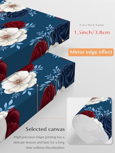 NuYeBiofx Independence Day Floral Canvas Wall Art Prints,48"x32" Framed Picture Artwork Red White Blue Roses Pattern Printed Canvas Oil Painting for Living Room Bedroom Office,Ready to Hang
