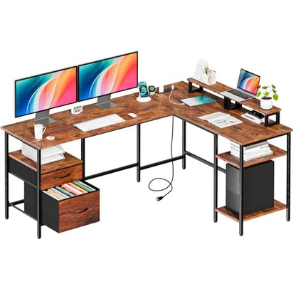62” L Shaped Desk with Drawers and Power Outlet, Rustic Brown, view 2