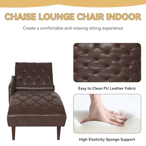 PU Leather Chaise Lounge Chair Indoor, Side Armrest, Dark Brown, view 5