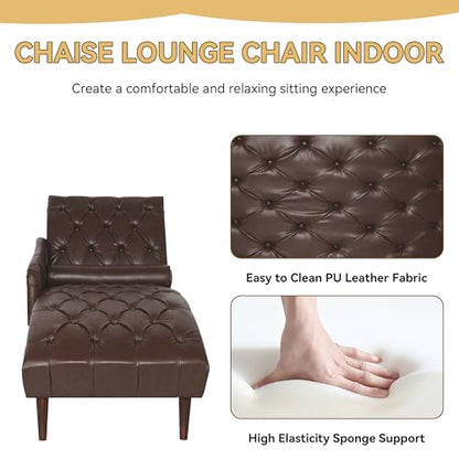 PU Leather Chaise Lounge Chair Indoor, Side Armrest, Dark Brown, view 5