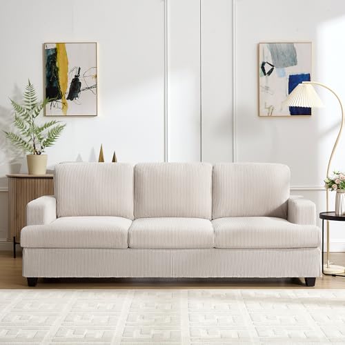 85 Inch Sofa with Side Pocket, Corduroy Fabric 3 Seater Couch for Living Room, Comfy Modern Small Couch for Bedroom, Small Spaces, Dorms, Office, Beige