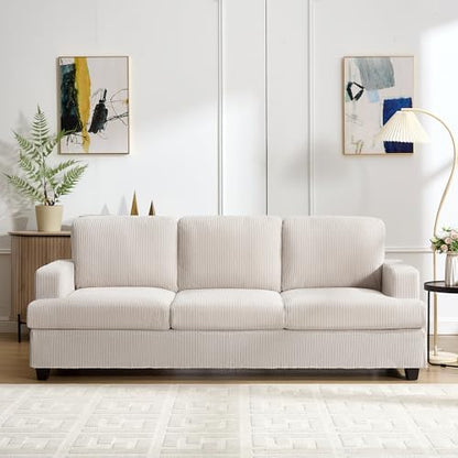 85 Inch Sofa with Side Pocket, Corduroy Fabric 3 Seater Couch for Living Room, Comfy Modern Small Couch for Bedroom, Small Spaces, Dorms, Office, Beige