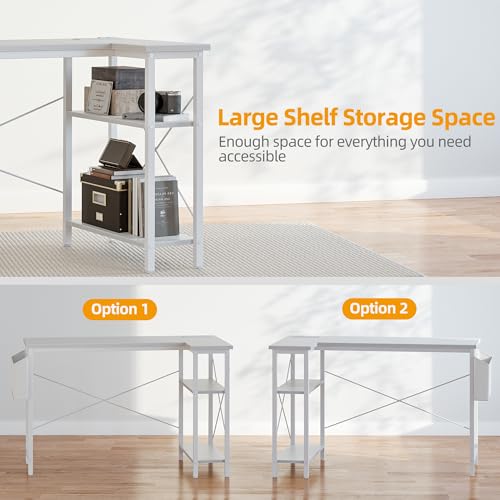 L Shaped Computer Desk with Power Outlets, 47 Inch Small Corner Desk with Reversible Shelves, Gaming Desk Computer Table Study Writing Desk for Home Office Small Space, White